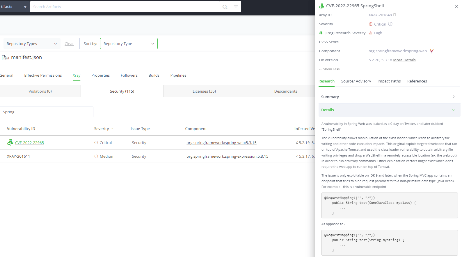 Fix the Spring Shell / Spring4Shell Vulnerability using Artifactory and Xray